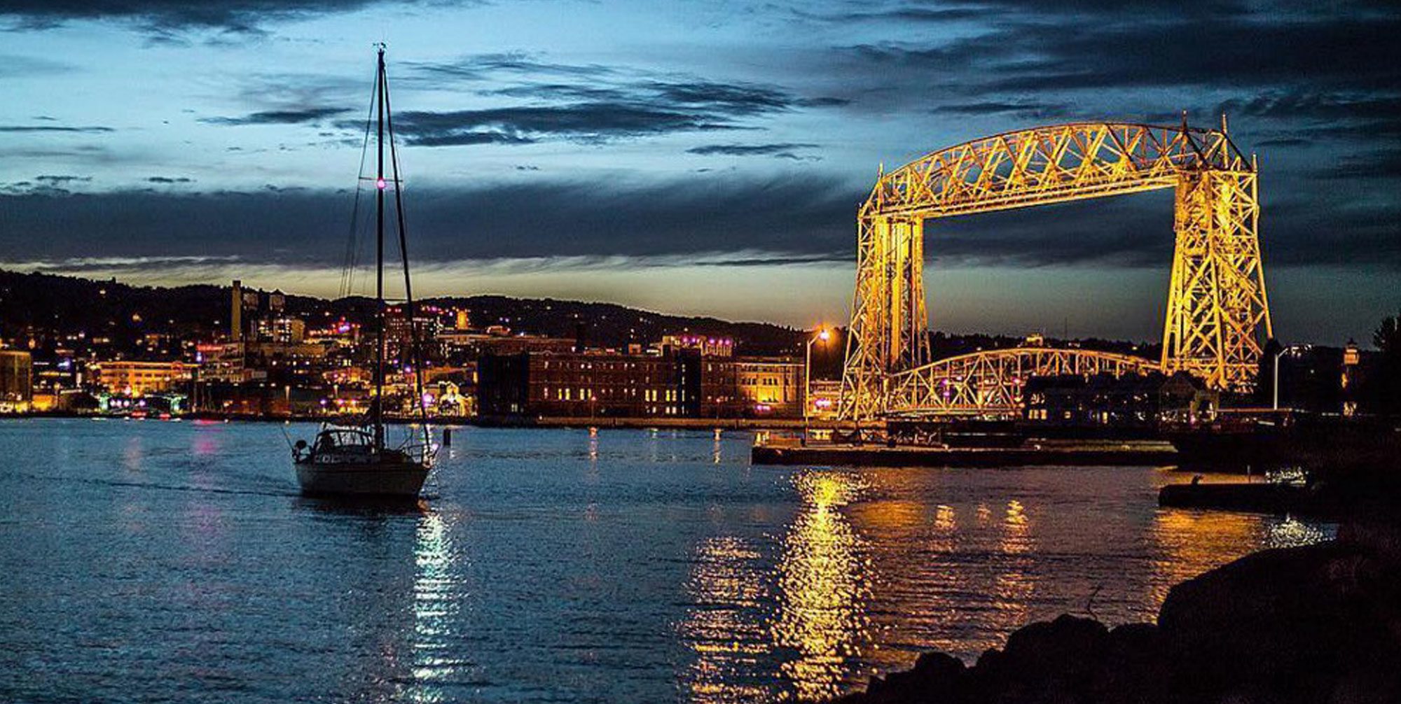 Duluth harbor and lift bridge at night